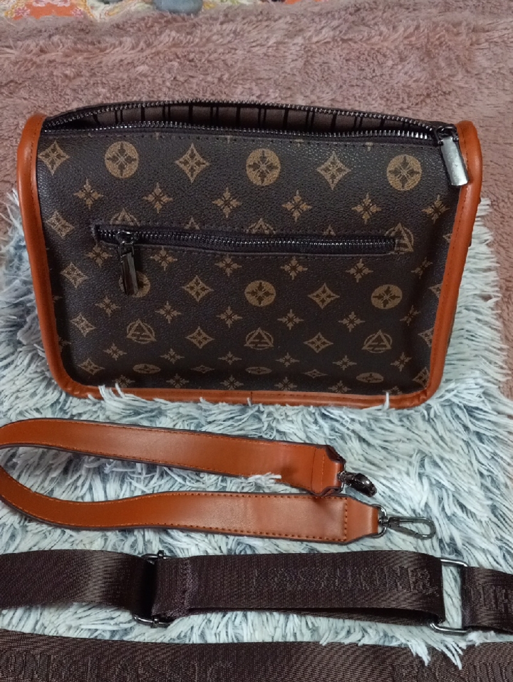 Women's Brown Monogram Crossbody Bag with Tan Trim